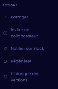 Actions menu — sharing, collaboration, Slack, history