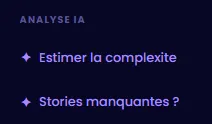 AI Analysis menu — complexity estimation, missing stories
